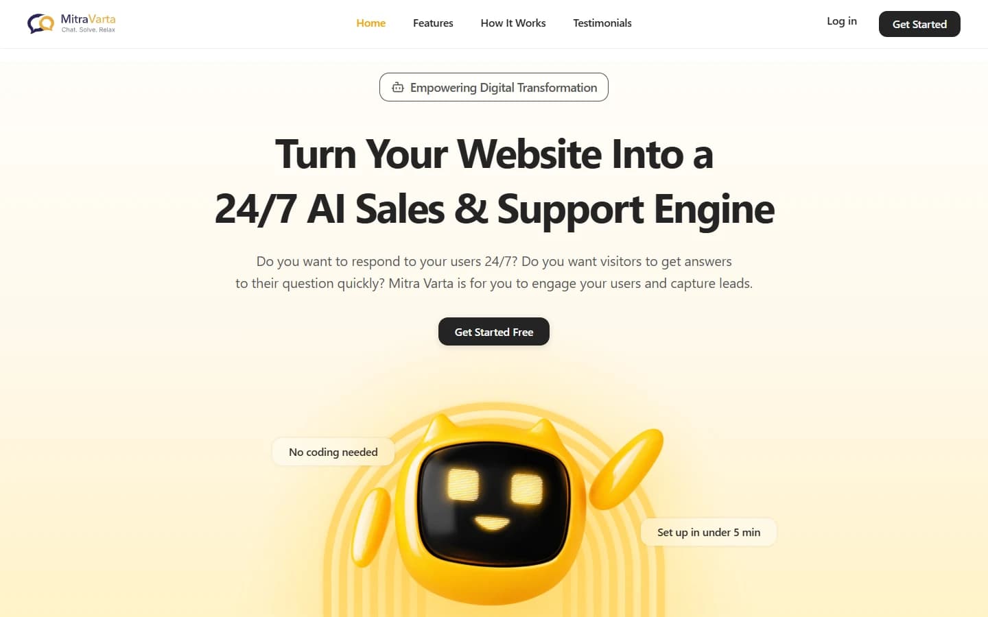 MitraVarta homepage with its AI sales and support assistant