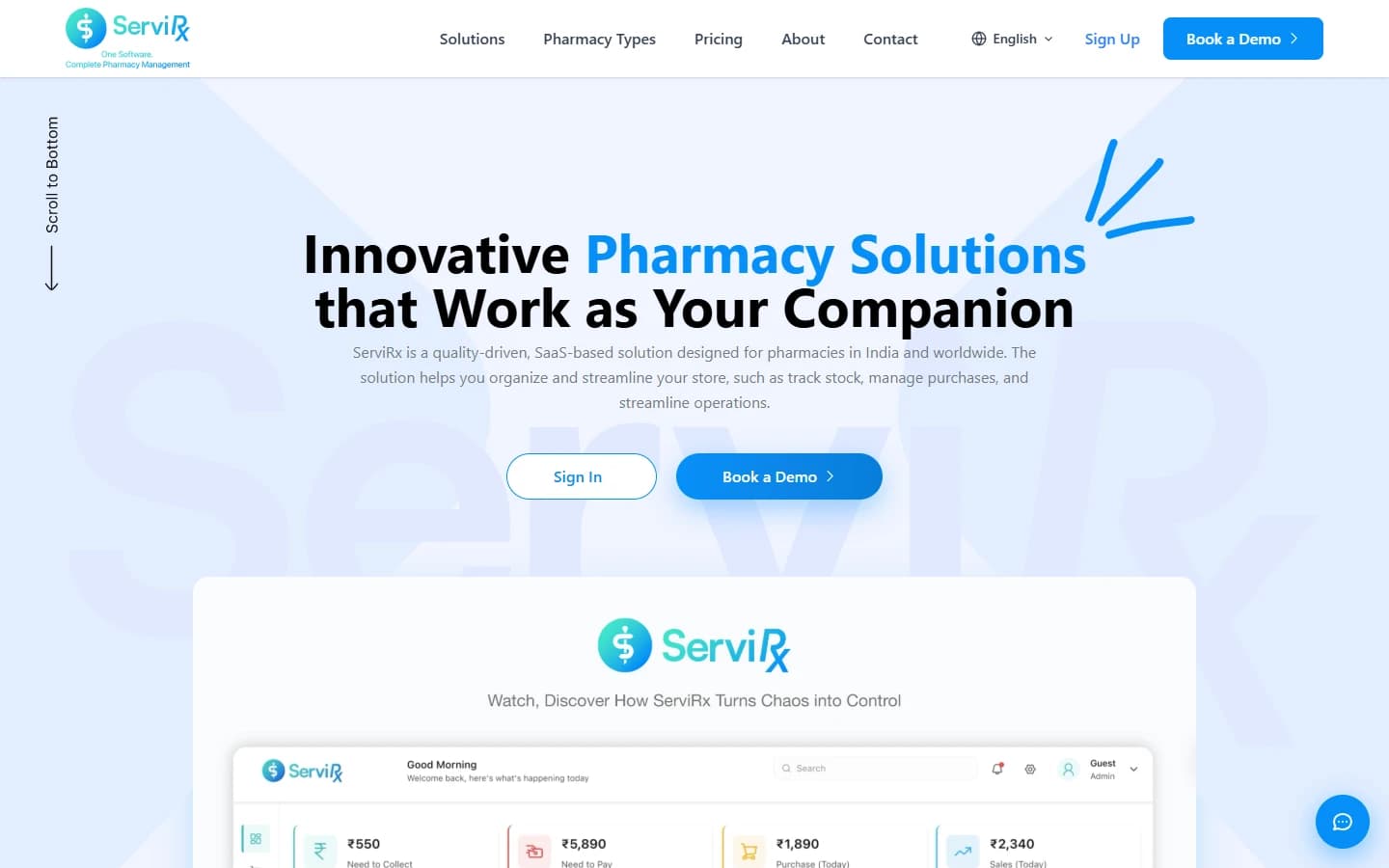 ServiRx homepage with pharmacy management solutions and product overview